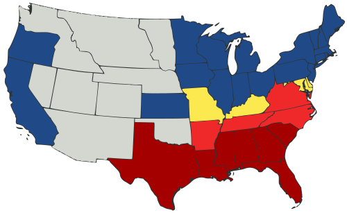 Map of US showing two kinds of Union states, two phases of secession and territories