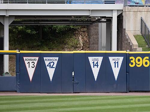 A blue outfield fence displaying four banners that have numbers on them