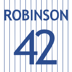 The number "42" with "ROBINSON" above in blue lettering set against a white background with blue pinstripes
