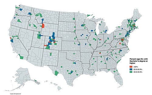 A map of the most college-educated counties in the United States