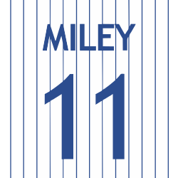 The number "11" with "MILEY" above in blue lettering set against a white background with blue pinstripes