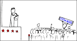 A cartoon of a political rally, with someone in the crowd holding up a banner reading "[Citation needed]"