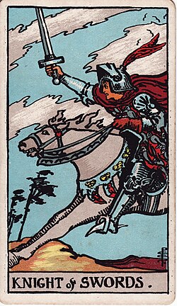 Tarot card of a Knight of Swords. It illustrates a young knight, holding up a sword, charging forward on a horse.