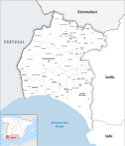 Map of the province of Huelva with its municipalities