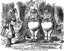 Illustration of Alice meeting the rotund twins Tweedledum and Tweedledee