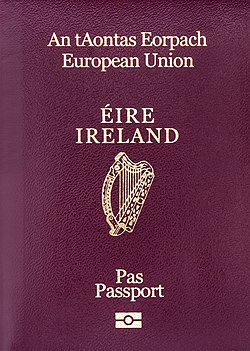 A passport, displaying the name of the member state, the national coat of arms and the words "European Union" given in their official language(s), (Irish version pictured)