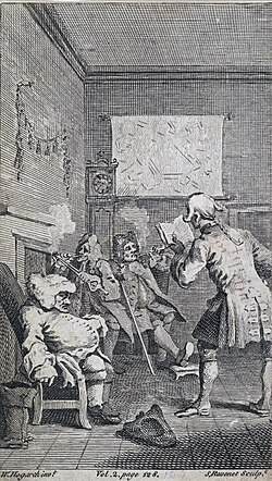 Engraving of a man standing and reading aloud from a book, to an audience of three seated and inattentive men (two smoking, one asleep)