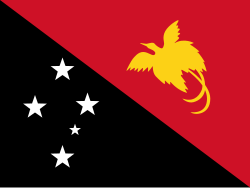 A black triangle with the Southern Cross marked with five white stars next to a red triangle with a golden bird-of-paradise