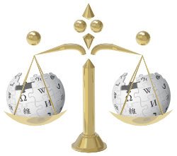 A scale of justice with two Wikipedia logos being weighed