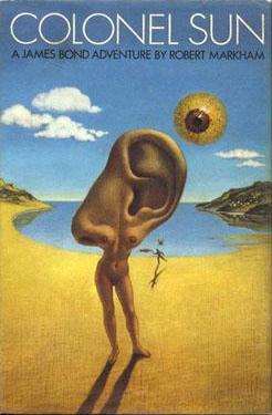 Surreal book cover, showing a naked woman (the top half of her body being an ear) standing on a beach. In place of the sun is a large eyeball.