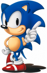 A blue anthropomorphic hedgehog wearing red shoes