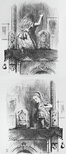 Young girl in Victorian dress going through a large mirror and out the other side