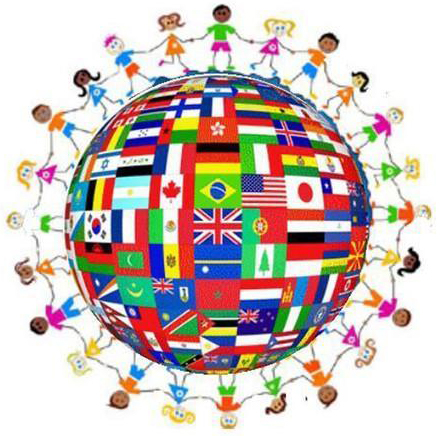 Cartoon graphic of the globe with different country flags surrounded by children holding hand