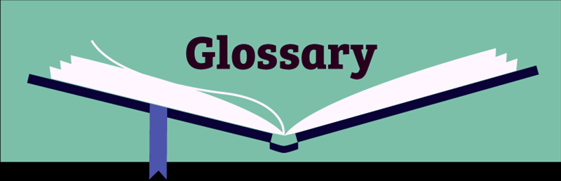 The word Glossary over an open cartoon notebook