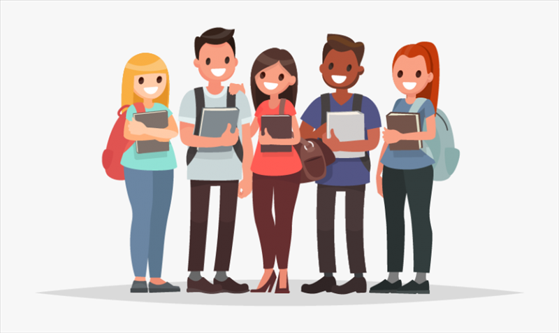 Graphic: 5 Cartoon Students with backpacks holding books