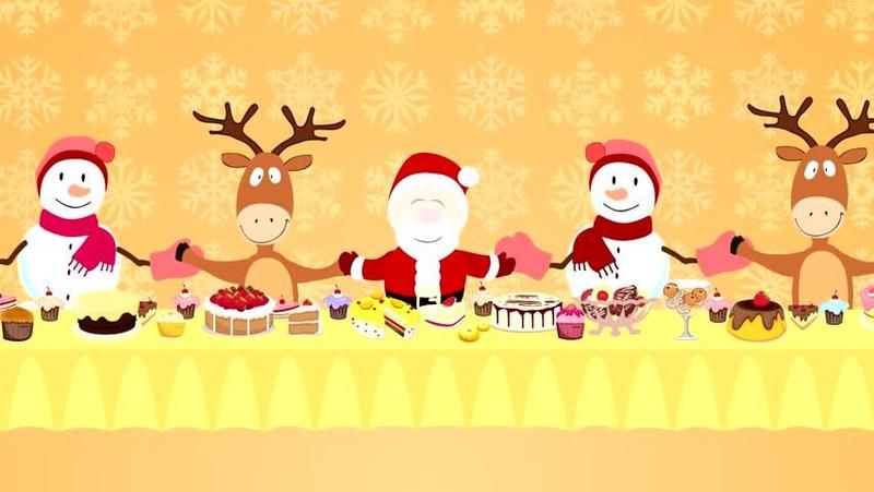 Santa Eating with Snowman and Reindeer