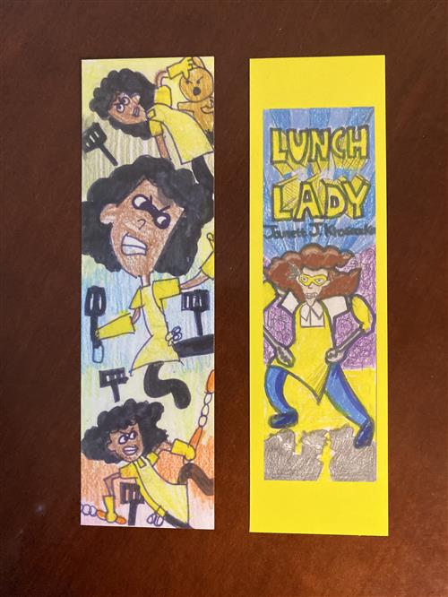 Two bookmarks, both showing caricatures of a lunch lady at school 