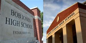 side by side photos of marquees of Bob Jones High School and James Clemens High School that are in front of the schools