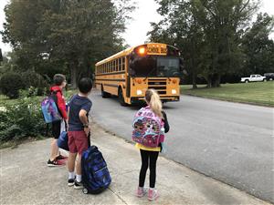 Several students at curbside waiting for an approaching schoolbus