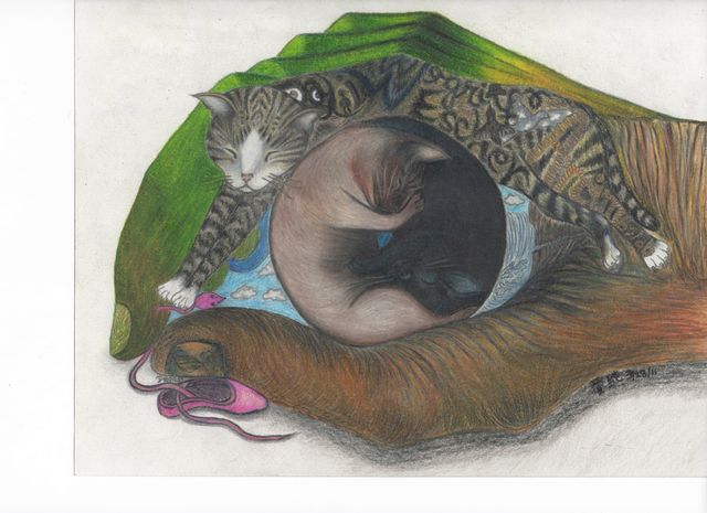 My surrealist colored pencil artwork of my cats paying homage to surrealists: Magritte, Dali, Escher, and Arcimboldo.