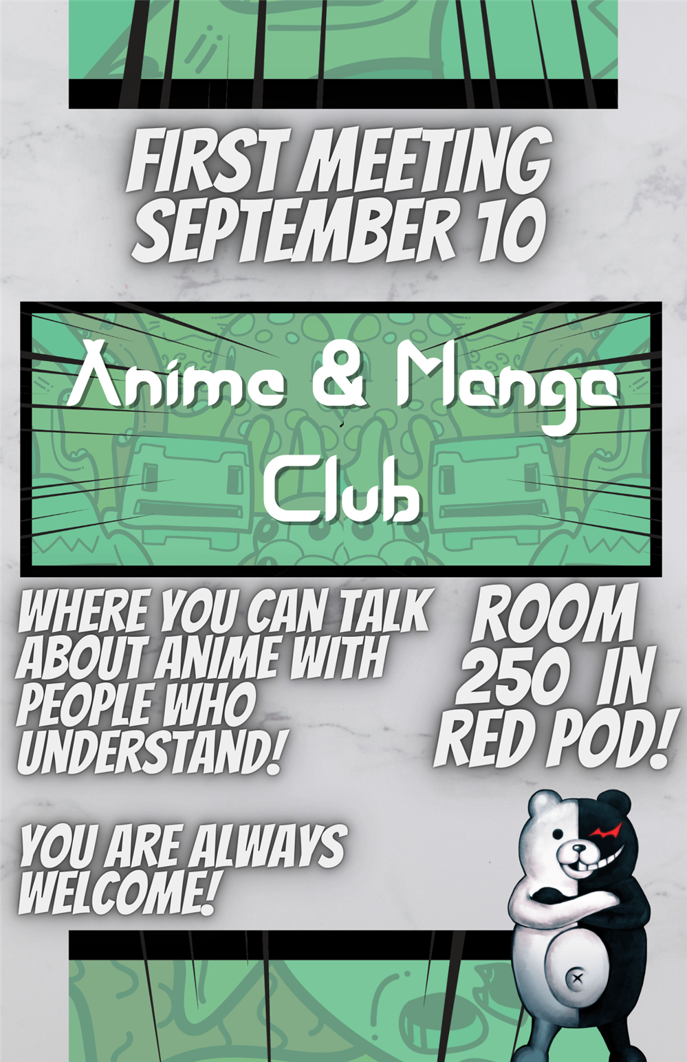 Flyer showing an anime with some words.