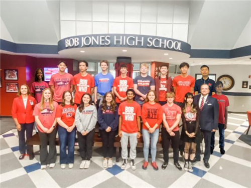 group photo of 18 national merit semifinalists from Bob Jones High School