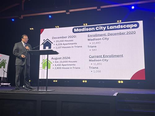  Dr. Nichols standing in front of a growth chart on stage showing housing growth in Madison , Triana