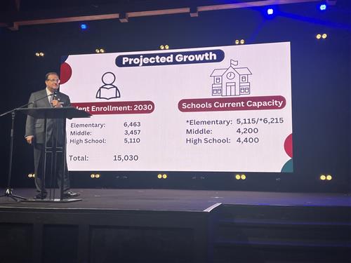 Dr. Nichols in front of a chart showing enrollment trend