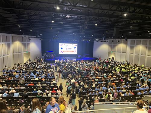 View of auditorium crowd from top steps