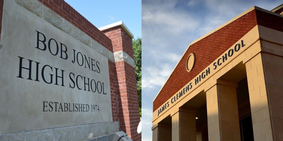  combo photo of the Bob Jones and James Clemens front building names