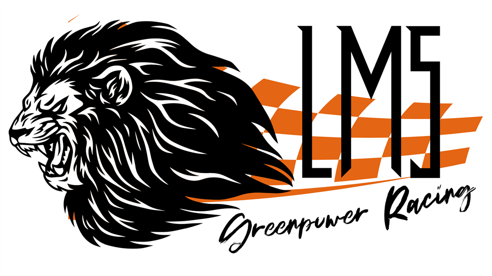 Lion roaring facing left in front of a checkered racing strlpe expanding to the right with the words LMS Greenpower Racing.