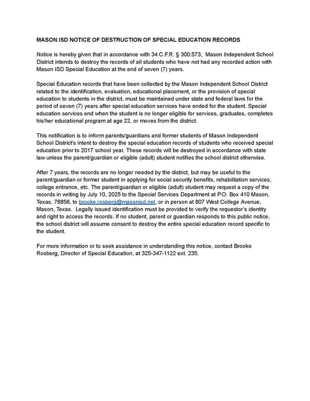 NOTICE OF DESTRUCTION OF SPECIAL EDUCATION RECORDS
