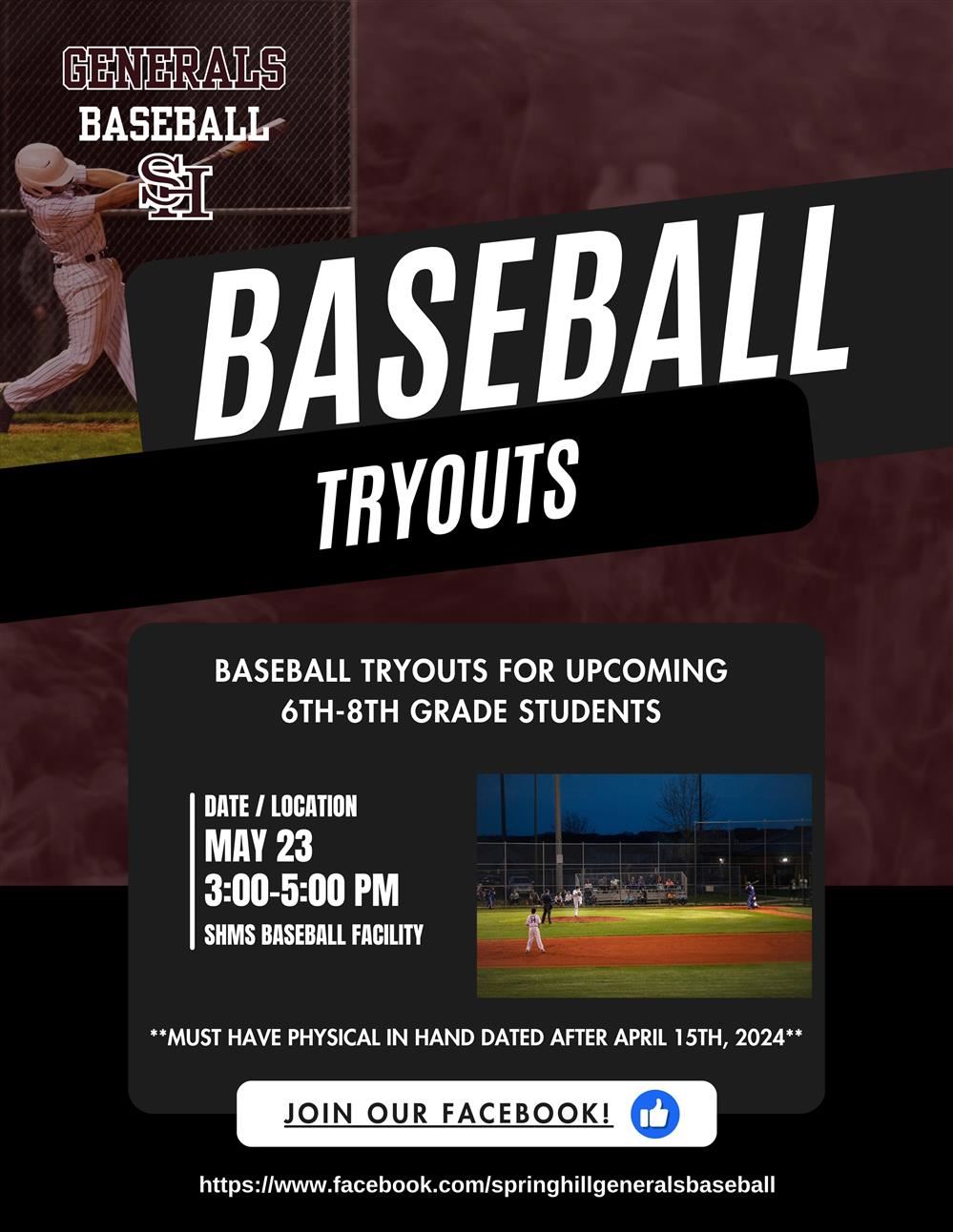  Baseball Tryouts May 26th