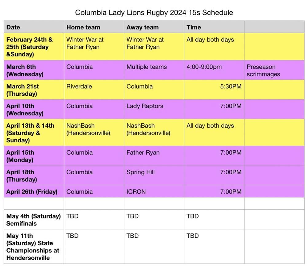 Rugby Schedule