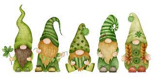 A group of gnomes in green hatsDescription automatically generated