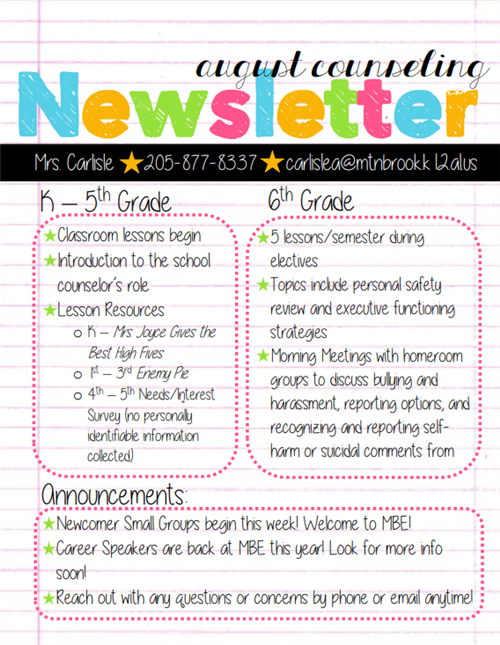 August Counseling Newsletter. For content in a pdf format, please click the link. 