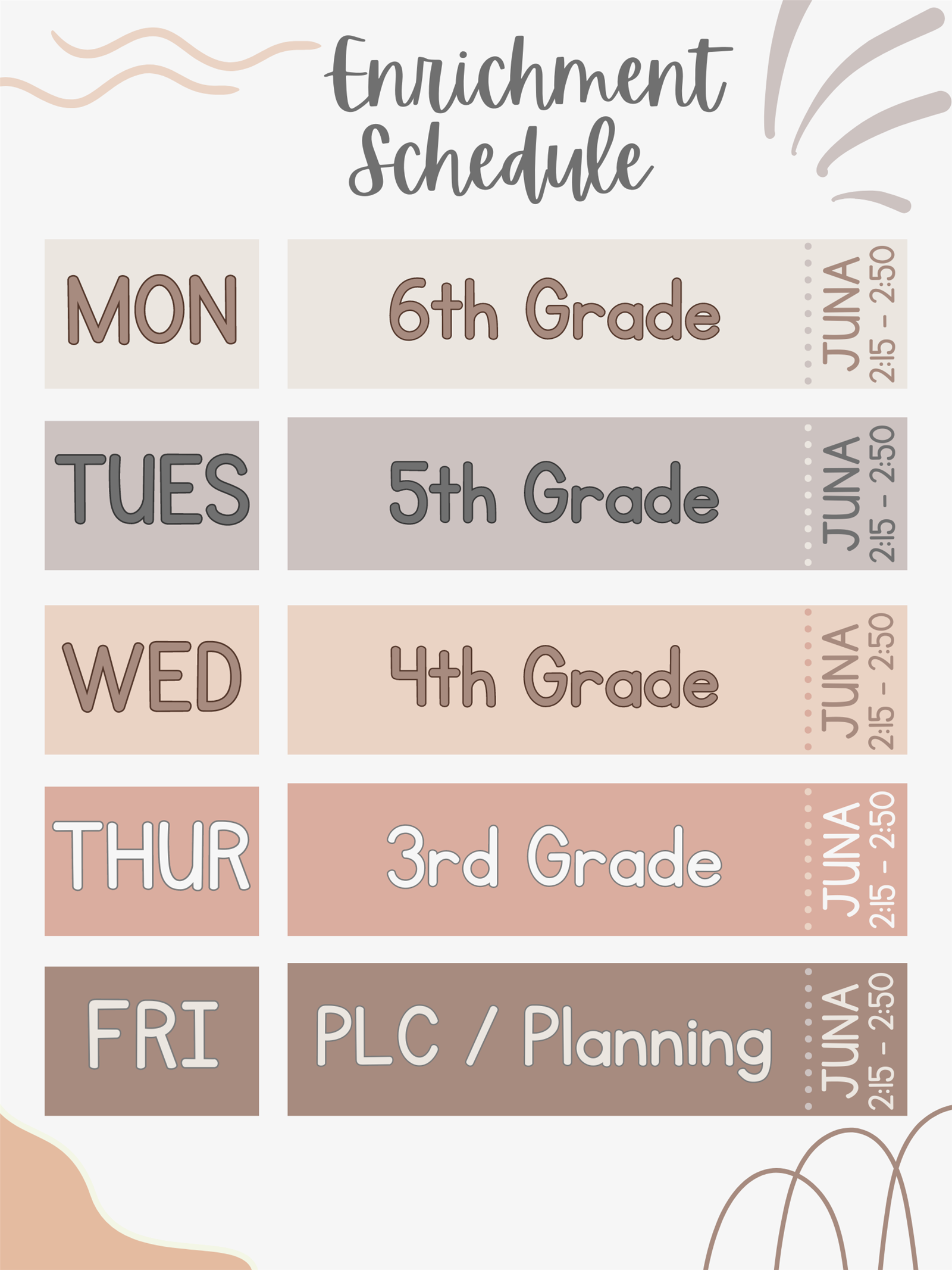 Weekly Schedule: Monday-6th Grade, Tuesday-5th Grade, Wednesday-4th Grade, Thursday-3rd Grade, Friday-PLC/Planning