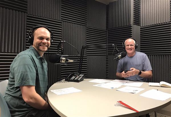 MBJH Principal Donald Clayton and MBS Superintendent Dr. Dicky Barlow prepare to record a podcast in the MBS podcast studio.