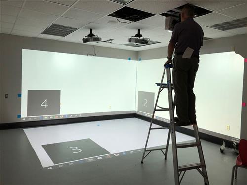 Immersive room calibration photo, 2 walls and floor projection 