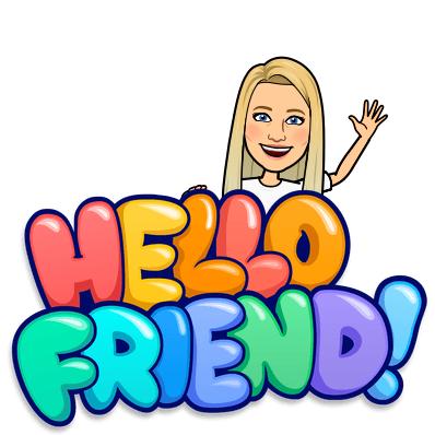 The image depicts a bitmoji of Mrs. Beidleman waving with multi-colored bubble text that reads "Hello Friend!"