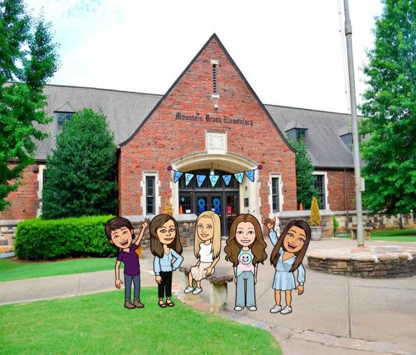 Third Grade Team Bitmoji Picture of Mrs. Peavy, Mrs. Strickland, Mrs. Powell, Ms. Symons, and Ms. Burgess in front of MBE