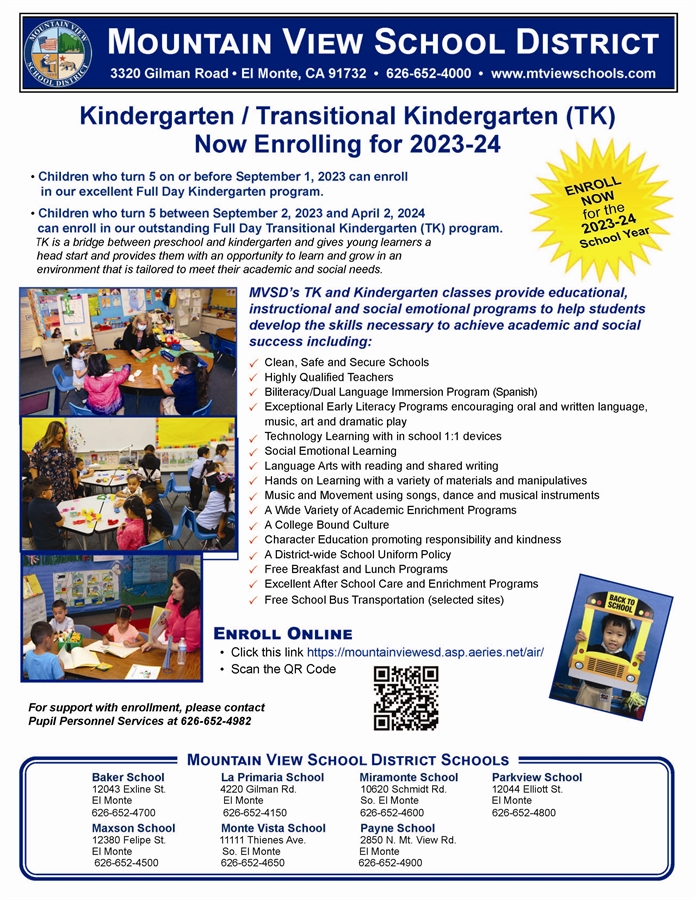 Kindergarten / Transitional Kinder (TK) Now Enrolling for 2023-2024