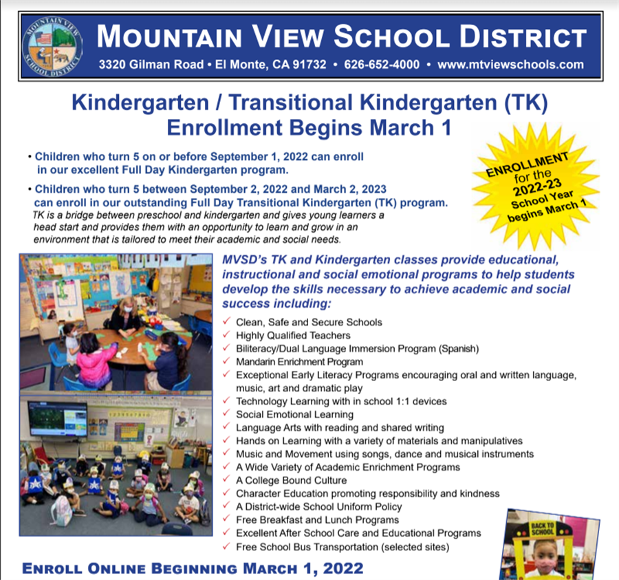 2022 Kinder TK Enrollment Begins March 1