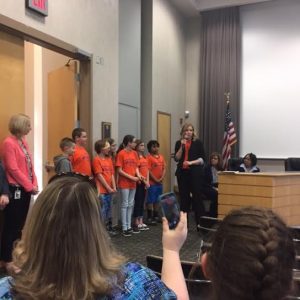 Allisonville Destination Imagination Team getting acknowledged at Board Meeting