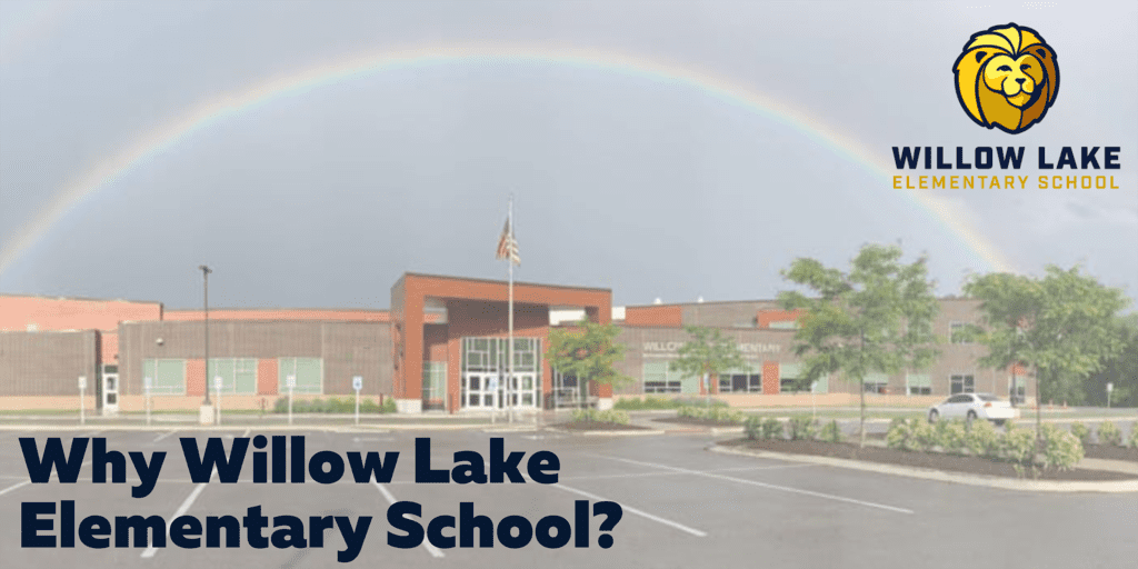 WE Banner Rainbow over the exterior of Willow Lake Elementary