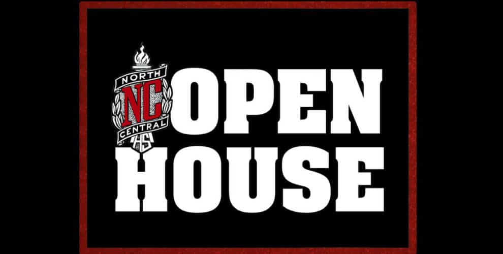 North Central crest to the left of OPEN HOUSE text inside a red box