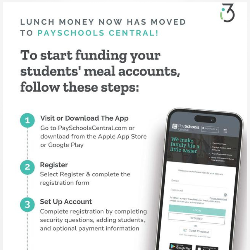 Lunch Money Now Has Moved to PaySchools Central: Go to PaySchoolsCentral.com or download from the Apple App Store or Google Play. For more information contact Child Nutrition Director, Tara Green at tgreen@madisonvillecisd.org