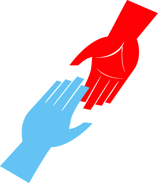 Blue hand reaching up to a red hand