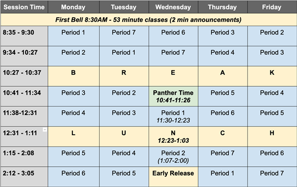 Bell Schedule for 2021-22