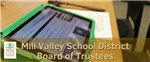 an iPad with a board agenda and text saying Mill Valley School District Board of Trustees 